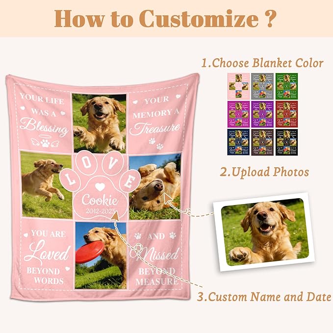 Pet Memorial Gifts for Dogs Personalized Dog Blanket with Photo Name Dog Memorial Gifts for Loss of Dogs Pet Sympathy Remembrance Gift Cat Memory Gift for Loss of Cat
