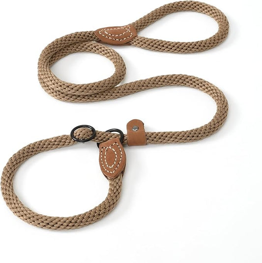 Mile High Life Slip Leads for Dogs | Heavy Duty Dog Training Leash | 4 Feet No Pull Slip Leashes w Leather Tip | Brown Rope Lead for Dogs Outside
