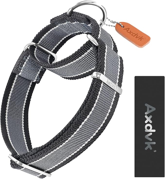 Martingale Collar 1.5 Inch Wide 1600D Extra Strong Anti Escape Nylon Dog Collar, No Pull Heavy Duty Pet Collars with 3-Color Stripe for Medium to Large Dogs (L, Gray Blue & Black)