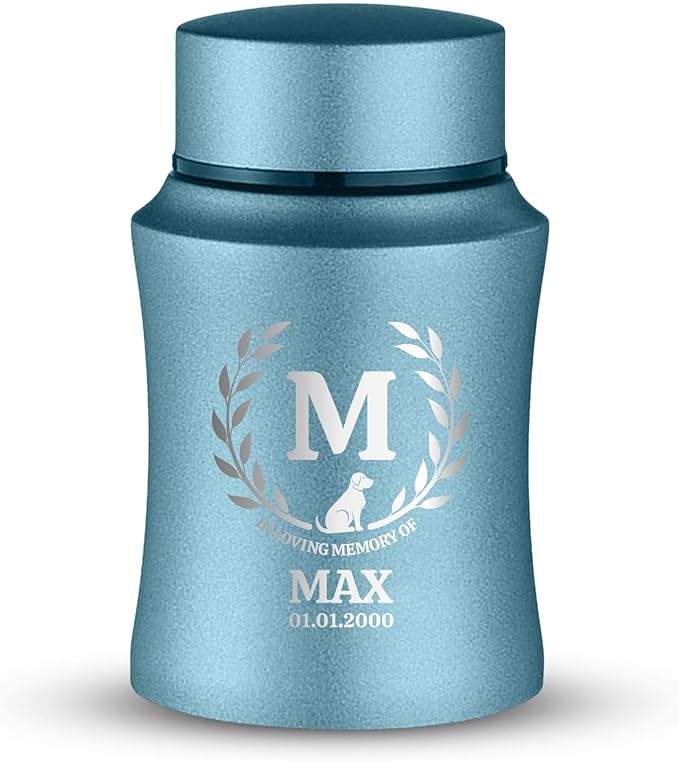 Customized Small Keepsake Urn Personalized Engraved with Pet Name, Date, and Dog Design - 4" Powder Coated Cremation Mini Compact Urn for Dogs Ashes | 5–10 Lbs Capacity | Powder Blue, Leaves Border