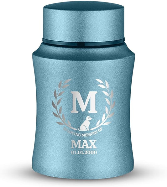 Customized Small Keepsake Urn Personalized Engraved with Pet Name, Date, and Dog Design - 4" Powder Coated Cremation Mini Compact Urn for Dogs Ashes | 5–10 Lbs Capacity | Powder Blue, Leaves Border