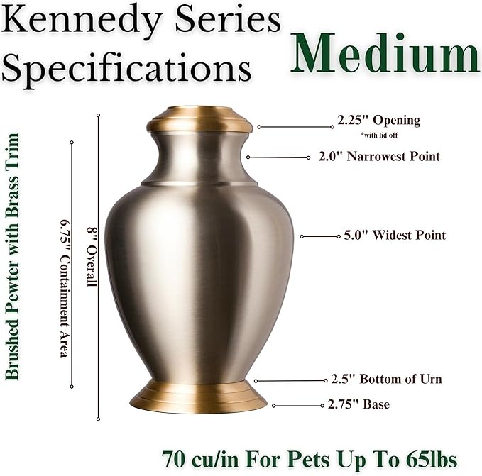 Kennedy Classic Series Pet Urn for Dogs, Handmade Brass Memorial Cremation Urn (Medium - Pets up to 65 lbs, Pewter)