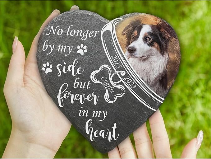Wrappiness Pet Memorial Stone - Forever in My Heart, Personalized Dog Memorial Gifts, Remembrance Condolences Bereavement Gifts for Loss of Pet Custom Photo (Heart 05, Stone)