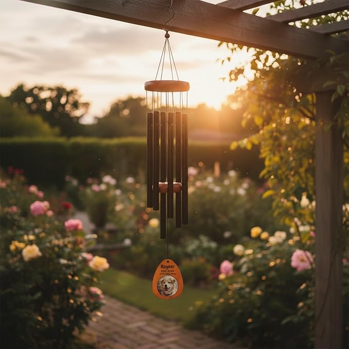 Personalized Dog Memorial Gifts for Loss of Dog - Custom Sympathy Wind Chime with Photo & Name, 26"/32"/37" Outdoor Bereavement Keepsake for Garden or Patio(Silver)