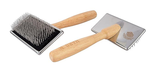 Furzone Wooden Slicker Brush - Stainless Steel Hard Pin Grooming Brush for Dogs (Size L)