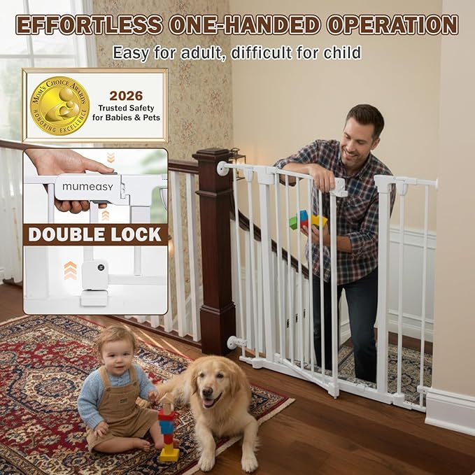 Mumeasy 126" Extra Wide Baby Gate for Doorways, Stairs & Fireplace, Auto Close Safety Dog & Pet Gate with Walk Thru Door, Childproof Fence for Hallway Kitchen House Indoor Outdoor,5 Metal Panels,White