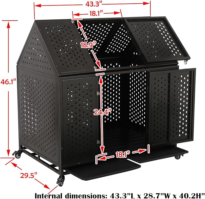 44 Inch Heavy Duty Indestructible Dog Crate with Wheels, Steel Escape-Proof Indoor Double Door High Anxiety Cage, Durable Chew-Proof Kennel with Removable Tray for Large Medium Dogs