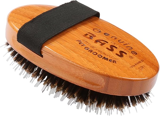 Bass Brushes | Luxury Grade Pet Brush | Shine & Condition | 100% Pure Premium Natural Bristle+Single Nylon Pin | Large Palm Design | Natural Bamboo Handle | Solid Finish | Bass Brushes Model A7-DB