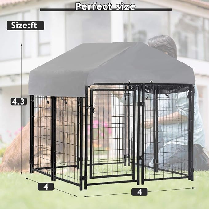 Dog Crate Dog Kennel Cage Outdoor Welded Wire Dog Playpen Heavy Duty Pet Exercise Pen with UV Protection Waterproof Cover and Roof Galvanized Metal Animal Kennel for Large Dogs, Black