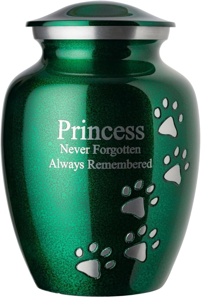 Ottillie Paws Premier Series Pet Urn for Dogs with Personalized Laser Engraving (X-Large - Pets up to 170 lbs, Marine Green with Vertical Pewter Paws)