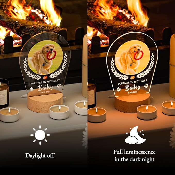 Bemaystar Personalized Dog Memorial Gifts Custom Dog Memorial Night Lights for Grieving Pet Owners, Pet Loss Gifts Cat memorial gifts Loss of Dog Sympathy Gift with Picture Name Date Custom Plaque