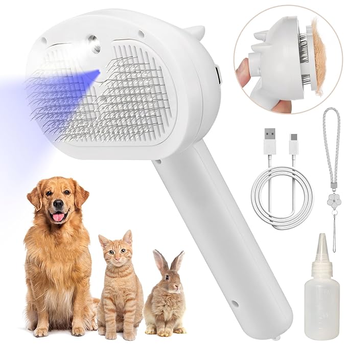 Pet Steam Brush for Shedding, 4 In 1 Brush for Long & Short Haired Cat&Dog, Self-Cleaning Hair Remover with Water Tank And LED Blue Light, Release Button(grey)
