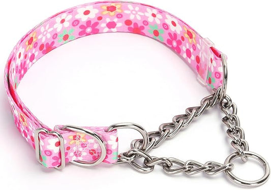 Martingale Dog Collar with Steel Chain- No Pull Escape-Proof Training Choker for Medium, Large & XL Dogs | Heavy Duty Anti-Slip Cinch Collar for Large Breed Pets, Pink (Size L)