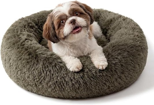 Calming Donut Dogs Beds for Small Dogs Washable,23inch Plush Round Pet Bed for Cozy Sleep,Fluffy Faux Fur Large Cat Bed,Fits up to 25 lbs Pets,Army Green