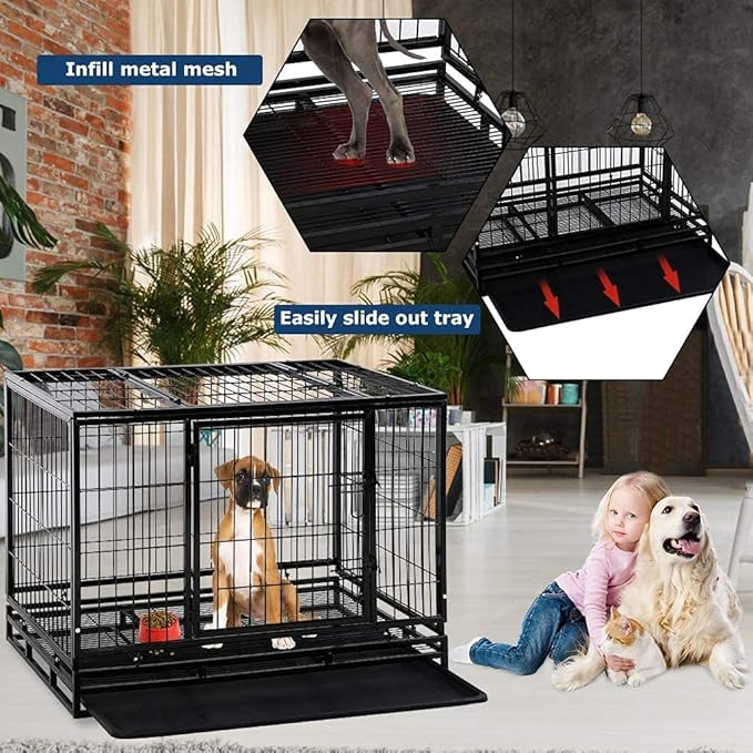 HGS 36-in Dog Crate Metal Dog Cage Heavy Duty Kennel for Large Dogs Pet Playpen for Training, Indoor Outdoor Dog Crate with Lockable Wheels, 2 Doors and Removable Tray, Black