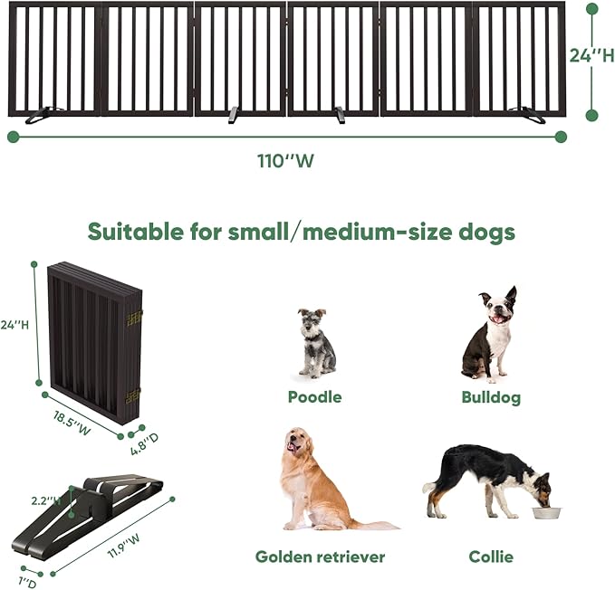 Dog Gates for Doorways, Foldable Dog Gate Indoor, Freestanding Pet Gates for Doorways Bedroom, Puppy Gate with Metal Support Feet, Room Divider 6 Panels (Brown)