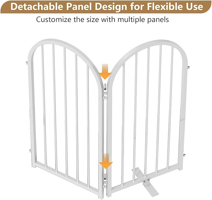 Full Metal Dog Gate for Indoor Outdoor, 32" Tall Free Standing Pet Dog Fence, 36" Wide Arched Pet Gates for Stairs, Hallways, Doorways, Kitchen, Decks, Yards (White, 2 Panels)