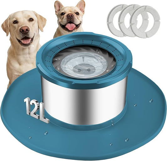Decflow 12L No Spill Dog Water Bowl for Large Dogs, Stainless Steel Spill Proof Bowls with Suction Cup Anti-Skid Mat, Slow Feeder for Messy Drinkers, Heavy Duty Pet Bowls for Indoor/Outdoor Blue