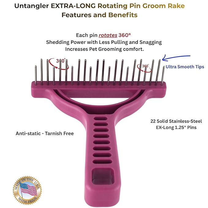 The Untangler Rakes for Grooming and Shedding - silky smooth rotating teeth to easily collect loose hair (Purple, Shedding)