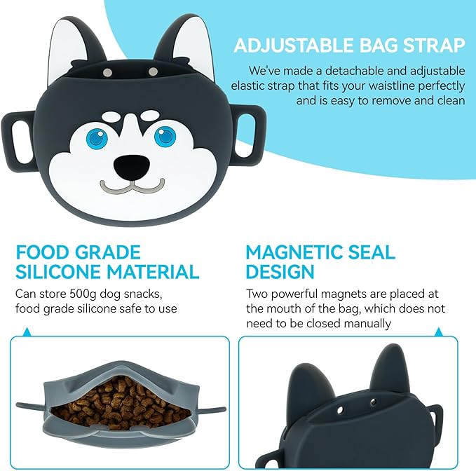 Dog Treat Pouch with Clicker Magnetic Closure, Silicone Fanny Pack for Pet Training,Adjustable Waist Belt, Leak-Proof, Ideal for Walking Training (Husky)