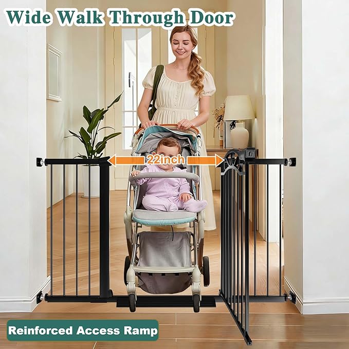 Fairy Baby 59.9"-62.5" Extra Wide Baby Gate with Door, 60 61 62 Inches Walk THR Baby Gates for Stairs Pressure Mounted no Drill, Indoor Tension Metal Child Pet Dog Safety Gate for Kids, Black