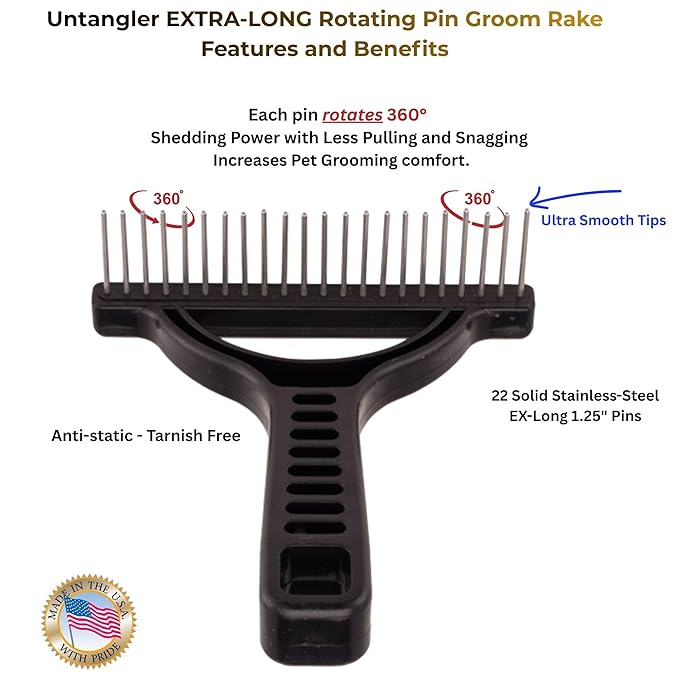 The Untangler Rakes for Grooming and Shedding -silky smooth rotating teeth to easily collect loose hair (Black, Extra-Long)