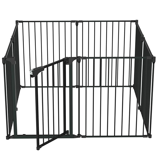 Bonnlo 208'' Wide Baby Gate Playpen 8 Panel Adjustable Play Yard Metal Dog Gate with Door Fireplace Christmas Tree Fence for Pet/Child/Toddler