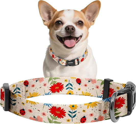 Kazazoo Dog Collar Cute and Soft Nylon Puppy Collar for Boy and Girl, Adjustable Dog Collars for Small Medium Dogs, Ladybugs and Flowers-XS