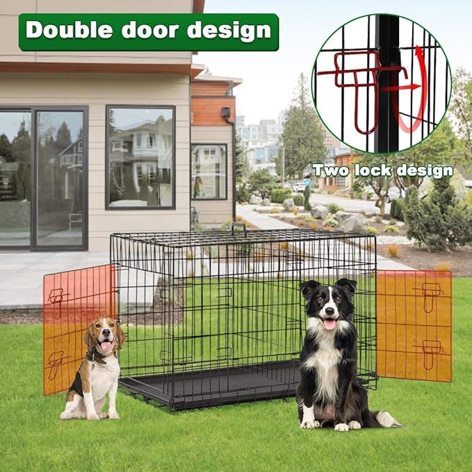 HGS 42-Inch Dog Crate Dog Cage Metal Wire Dog Kennel Large Dog Cage Folding Puppy Crate Outdoor Indoor Animal Pet Cage with Handle and Plastic Tray, 2 Doors (with Safety Lock), Black