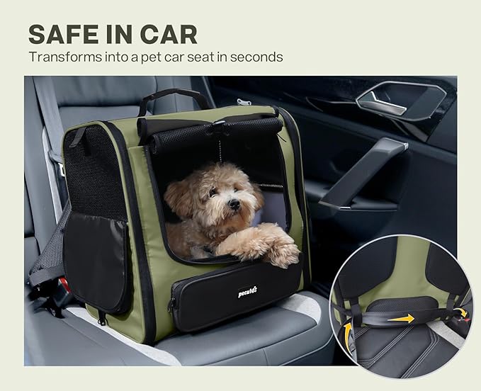 Pecute Spacious Cat Carrier Backpack, Lightweight Ventilated Pet Backpack for Anxious Cats & Small Dogs (Miniature Dachshund), for Hiking Camping Travel Vet Visits, Dark Green