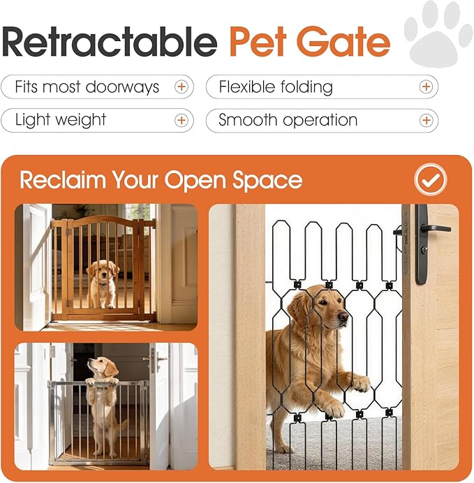 Metal Retractable Dog Gate for Front Door, Adjustable Pet Barrier for Doorways, Easy Open Door Blocker for Dogs and Cats, Foldable Space-Saving Gate for Apartments, RVs Indoor Outdoor