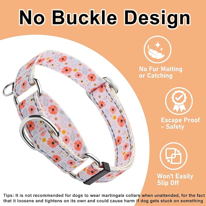 Reflective Martingale Collar for Dogs Nylon Training Collar with No Buckle Cute Floral No Pull Dog Collar for Large Dogs（White Flower，L）