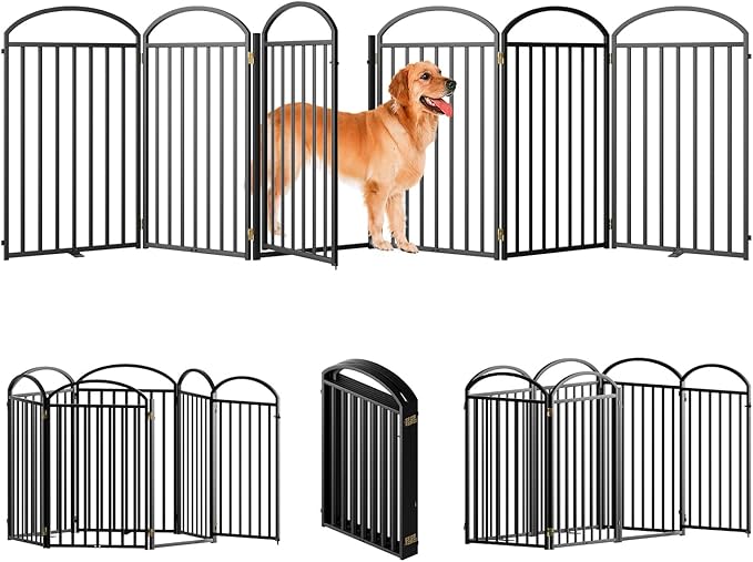 6 Panels Full Matel Freestanding Dog Gates with Door, 144"Extra Wide 36"Tall Free Standing Dog Pet Gate for Indoor & Outdoor. Foldable Pet Fences for Doorways, House, Stairs, Porch, Deck, Yard