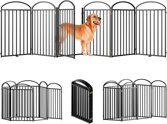 6 Panels Full Matel Freestanding Dog Gates with Door, 144"Extra Wide 36"Tall Free Standing Dog Pet Gate for Indoor & Outdoor. Foldable Pet Fences for Doorways, House, Stairs, Porch, Deck, Yard