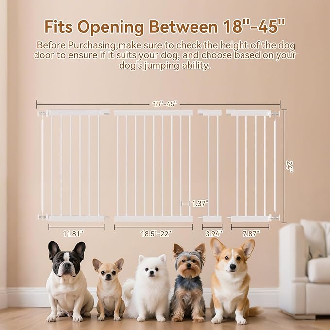 Short Dog Gate,18"-45" Adjustable Extra Wide Metal Short Baby Gate to Step Over, 24" Tall Small Pet Gate with 3 Extension Kits