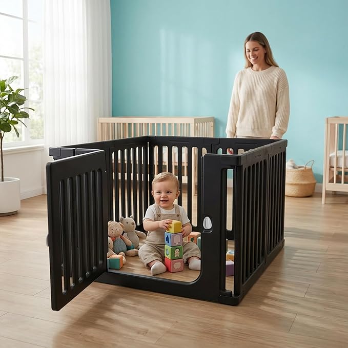 7 Panels Plastic Dog Playpen, Expandable & Durable Pet Fence - Indoor & Outdoor Portable with Secure Locking Door, Durable Safety Play Pen with Puppy, Cat, Small Animal(Black, 23.62" H)