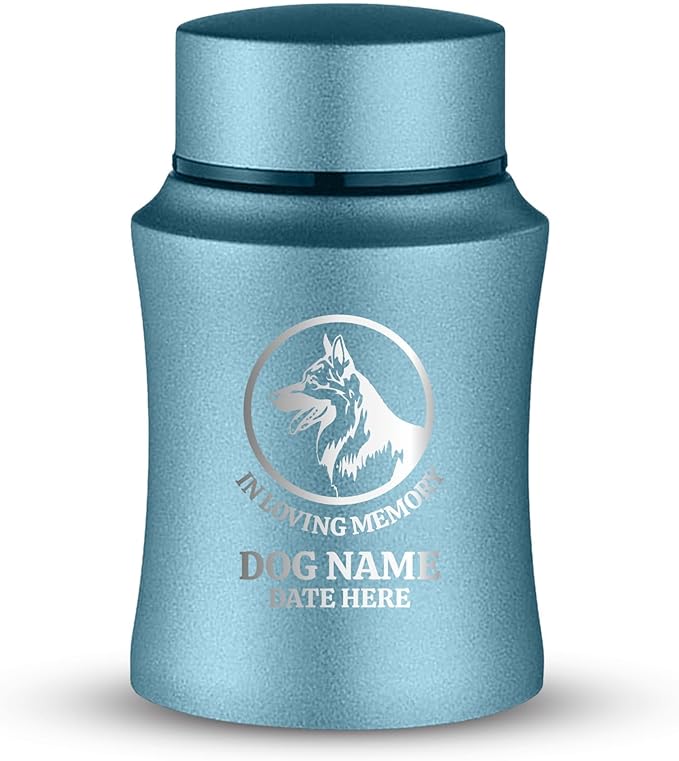 Customized Small Keepsake Urn Personalized Engraved with Pet Name, Date, and Dog Design - 4" Cremation Mini Compact Urn for Dogs Ashes | 5–10 Lbs Capacity | Powder Blue, German Shepperd Silhouette