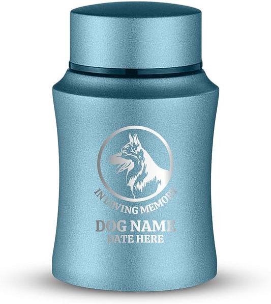 Customized Small Keepsake Urn Personalized Engraved with Pet Name, Date, and Dog Design - 4" Cremation Mini Compact Urn for Dogs Ashes | 5–10 Lbs Capacity | Powder Blue, German Shepperd Silhouette