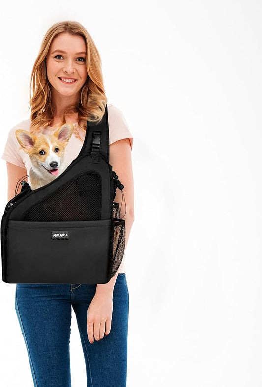 Small Dog Sling Carrier Bag, Hands-Free Dog Carrier Sling with Safety Buckle, Breathable Mesh, Adjustable Strap, Padded Back, Storage Pockets, Pet Carrier for Dogs, Cats, Puppies up to 8–10 lbs