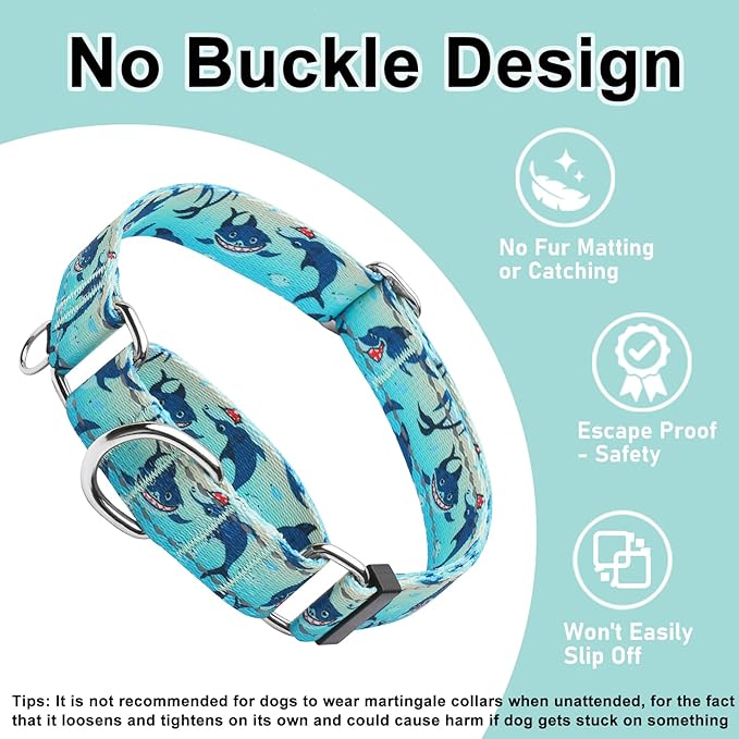 Reflective Martingale Collar for Dogs Nylon Training Collar with No Buckle, No Pull Boy Male Dog Collar for Small Dogs（Green Shark，S）