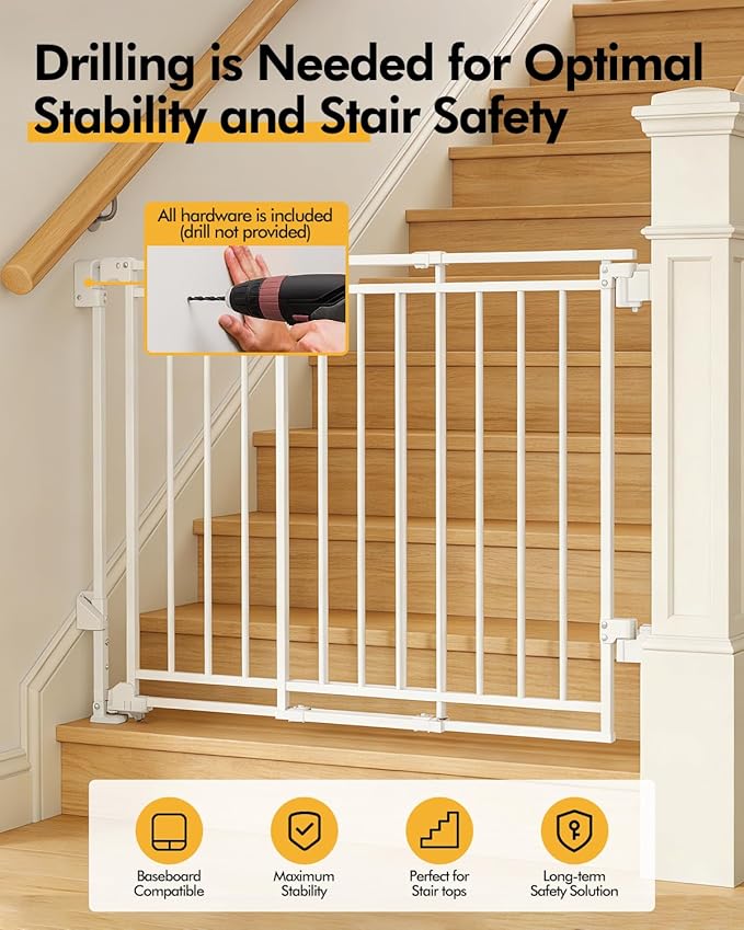 Baby Gate for Stairs, Doorways & Kitchen | 26-43" W, 29" H Extra Tall | No Bottom Bar | Hardware Mount (Drill Required) | Auto-Close & One-Handed | Walk-Thru Safety Gate for Dogs & Toddlers | White