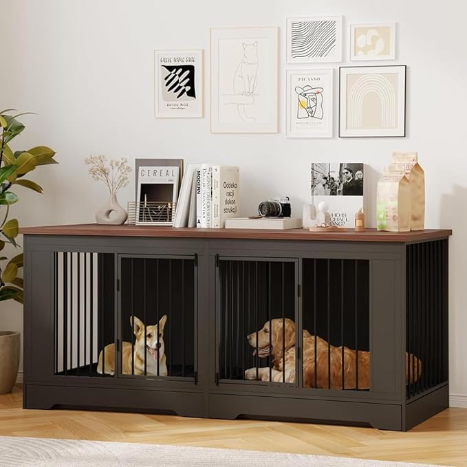 Furniture Style Dog Crate with Tray, 75" L Indoor Wooden Large Dog Kennel Furniture, Heavy Duty Decorative Dog Crate Table and Removable Divider, Black