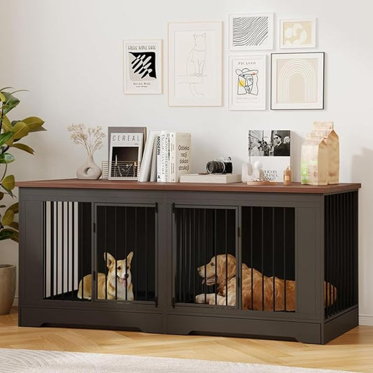 Furniture Style Dog Crate with Tray, 75" L Indoor Wooden Large Dog Kennel Furniture, Heavy Duty Decorative Dog Crate Table and Removable Divider, Black