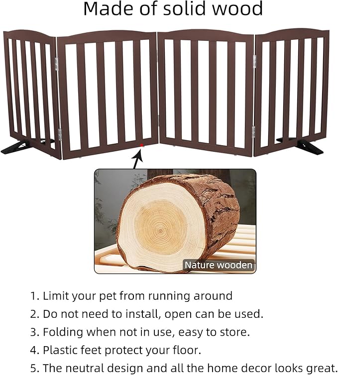 Freestanding Dog Gate Indoor,Doggie Gate Foldable Pet Gates for Doorways,Stairs or Hallways, Wooden Brown Pet Gate for the House, Pet Fence with Support Feet Included,32 "Height-4 Panels