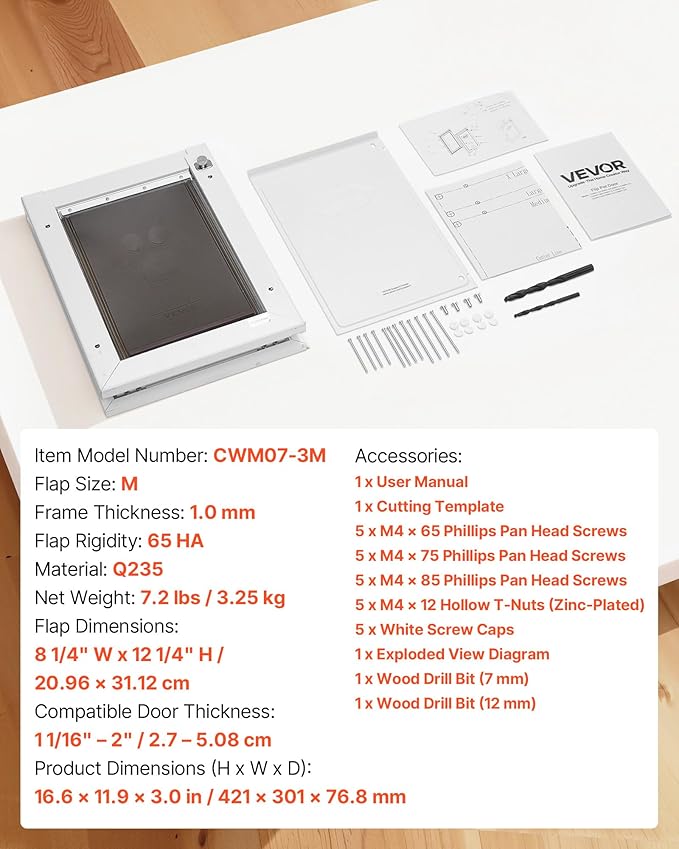 VEVOR Pet Door, Medium, with Three Magnetic Flaps and Metal Frame, Strong and Weatherproof Dog Door for Interior and Exterior Doors, Easy to Install, Easy in-and-Out Access for Doggies, White