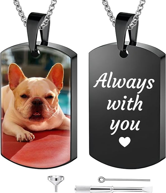 Funnylife Personalized Pet Urn Necklaces for Dog Cat Ashes Custom Photo Text Stainless Steel Cremation Jewelry Pet Loss Memorial Gift