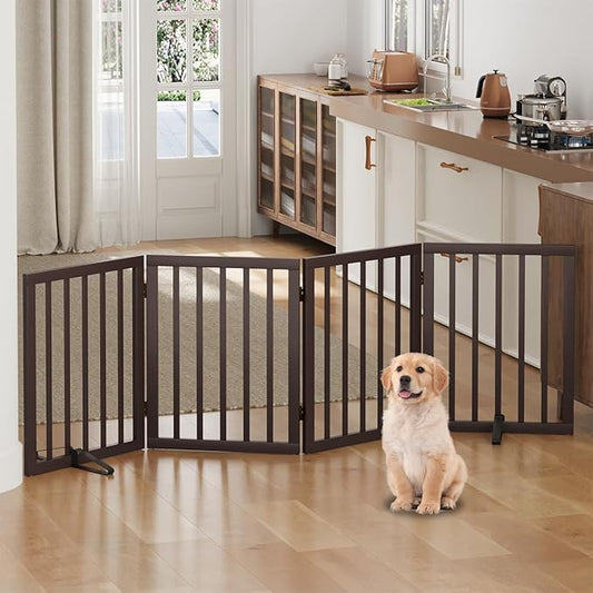 Dog Gates for Doorways, Foldable Dog Gate Indoor, Freestanding Pet Gates for Doorways Bedroom, Puppy Gate with Metal Support Feet, Room Divider 4 Panels (Brown)