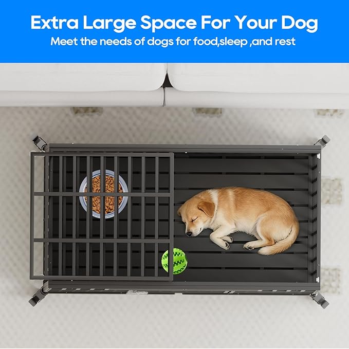 56 Inch Heavy Duty Indestructible Dog Crate, Chewproof Escape-Proof Indoor Double Door Cage with Wheels and Trays, Impact Steel Kennel for High Anxiety Large Giant Dogs, XL/XXL