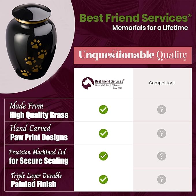 Ottillie Paws Legacy Series Pet Urn for Dogs, Handmade Brass Memorial Cremation Urn (Large - Pets up to 115 lbs, Ebony, Vertical Brass Paws)