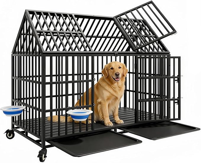 54 Inch Heavy Duty Indestructible Dog Crate with 2 Bowls, Escape Proof Indoor Double Door Cage with Wheels and Trays, Steel Kennel for High Anxiety Large Giant Dogs, XL/XXL